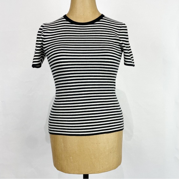 MICHAEL KORS COLLECTION Cashmere Short Sleeve Sweater BLACK/WHITE STRIPE Size XS - Picture 4 of 8